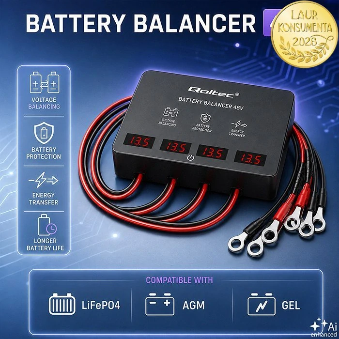 Qoltec 51079 Balancer baterií 48V 4×12V | 10A | LiFePO4 AGM GEL | LED displej