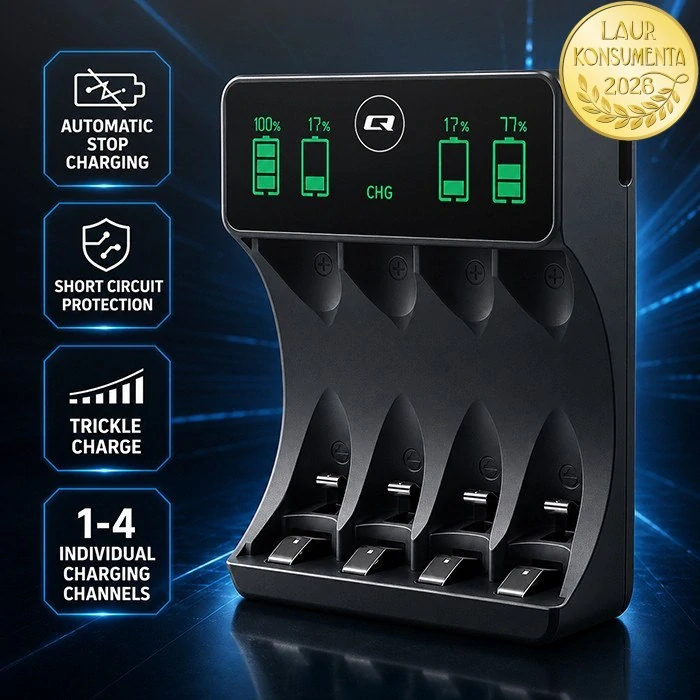 Qoltec 50968 Nabíječka akumulátorů AA/AAA (R6/R03) Ni-MH/Ni-Cd | LCD | USB-C
