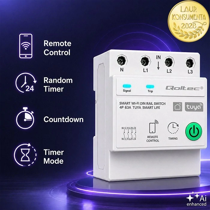 Qoltec 50976 Třífázové Wi-Fi relé 63A 4P (3P+N) na DIN lištu | Tuya Smart | Smart Life | měření energie | časovač