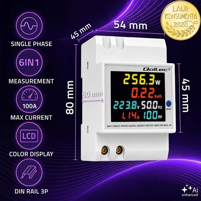 Qoltec 50977 Jednofázový elektroměr 6v1 na DIN lištu TH35 | 230 V | 100 A | LCD | CT | 3P