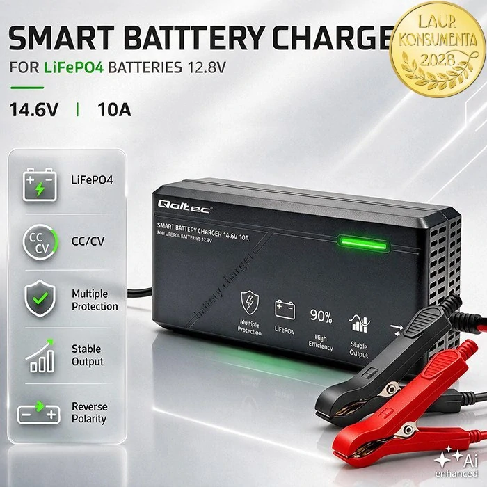 Qoltec 52670 Nabíječka pro LiFePO4 baterie 12,8V | 10A | 14,6V | 150W | CC/CV | LED