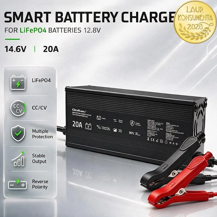 Qoltec 52671 Automatická nabíječka LiFePO4 12,8V 20A 292W | CC/CV | 14,6V | LED | PF 0,9