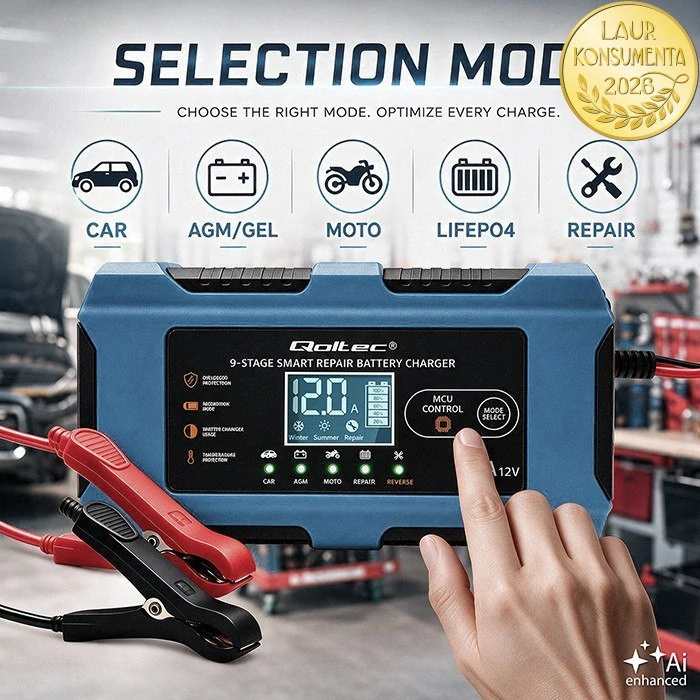 Qoltec 52669 Chytrá mikroprocesorová nabíječka baterií 12V 6A | LiFePO4 AGM GEL | 9 stupňů | Repair | LCD