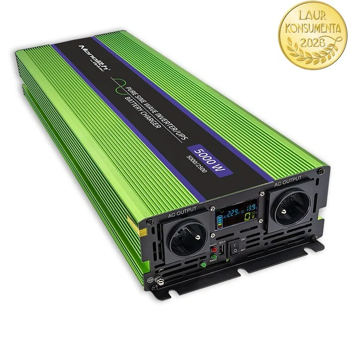 Qoltec 51944 měnič 12V/230V 2500W (5000W špička), čistý sinus, UPS + nabíječka 15A, LCD