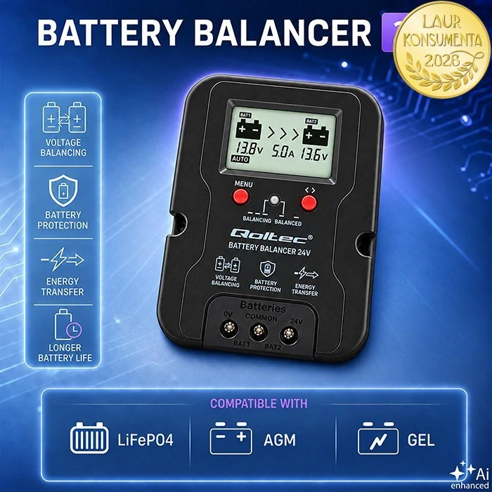 Qoltec 51099 Balanser baterií 24V 5A pro 2× 12V | AGM, GEL, LiFePO4 | LCD