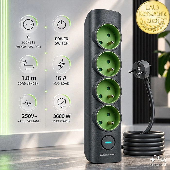 Qoltec 52760 prodlužovací přívod s vypínačem – 4 zásuvky s uzemněním, 1,8 m, 16 A / 3680 W