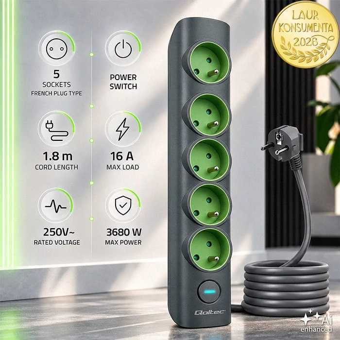 Qoltec 52761 prodlužovací kabel s vypínačem, 5 zásuvek s uzemněním, 1,8 m, 16 A / 3 680 W