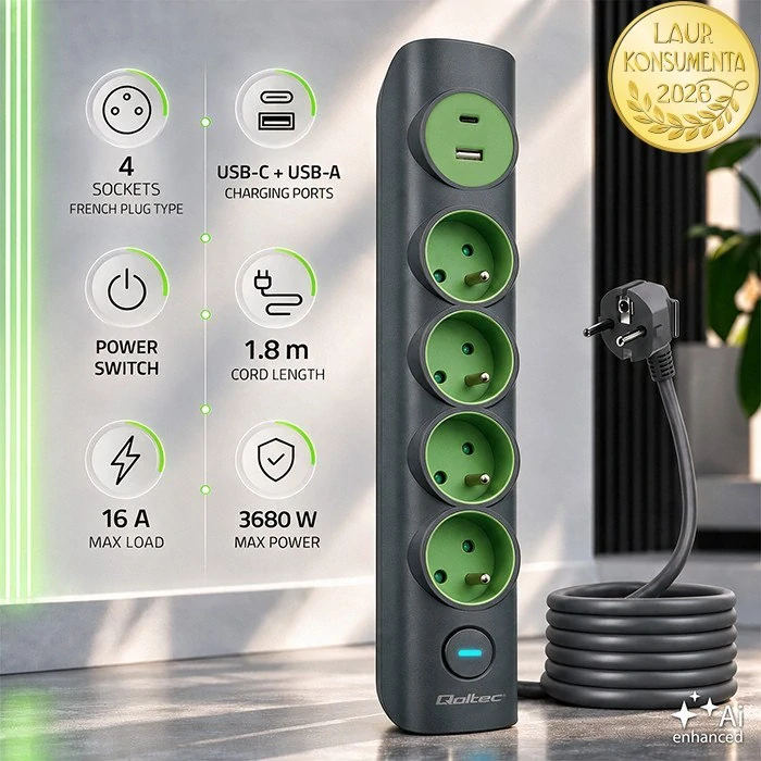 Qoltec 52762 přepěťová prodlužovací zásuvková lišta 6v1 – 4 zásuvky, USB-C 15W, USB-A 12W, 1,8 m