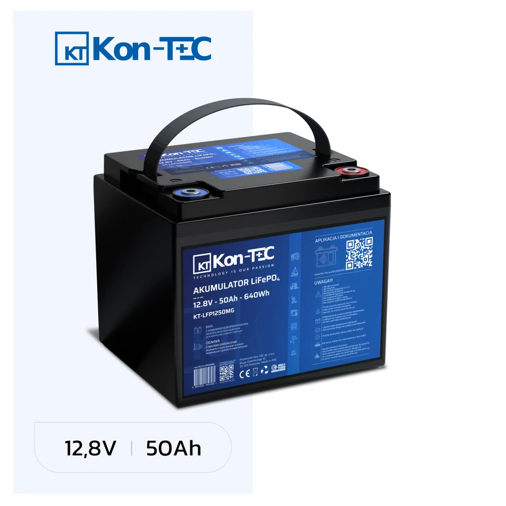 ❄️Baterie Kon-Tec Blue Line KT-LFP1250 Lithium-železo-fosfátová LiFePO4 baterie 12V, 12,8V 50Ah, 640Wh - Wireless BMS System + funkce ohřevu baterie