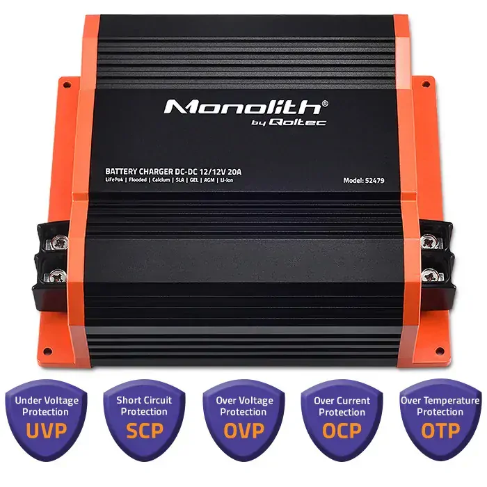 Qoltec 52479 Nabíječka Monolith DC-DC pro baterie LiFePO4, AGM 12V - 12V | 20A | 250W