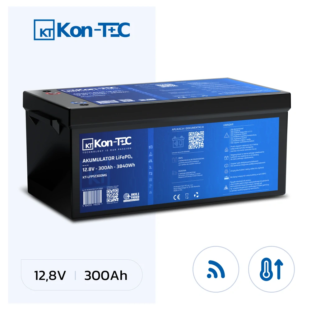 ❄️Baterie Kon-Tec Blue Line KT-LFP12300 Lithium-železo-fosfátová LiFePO4 baterie 12V, 12,8V 300Ah, 3840Wh - Wireless BMS System + funkce ohřevu baterie