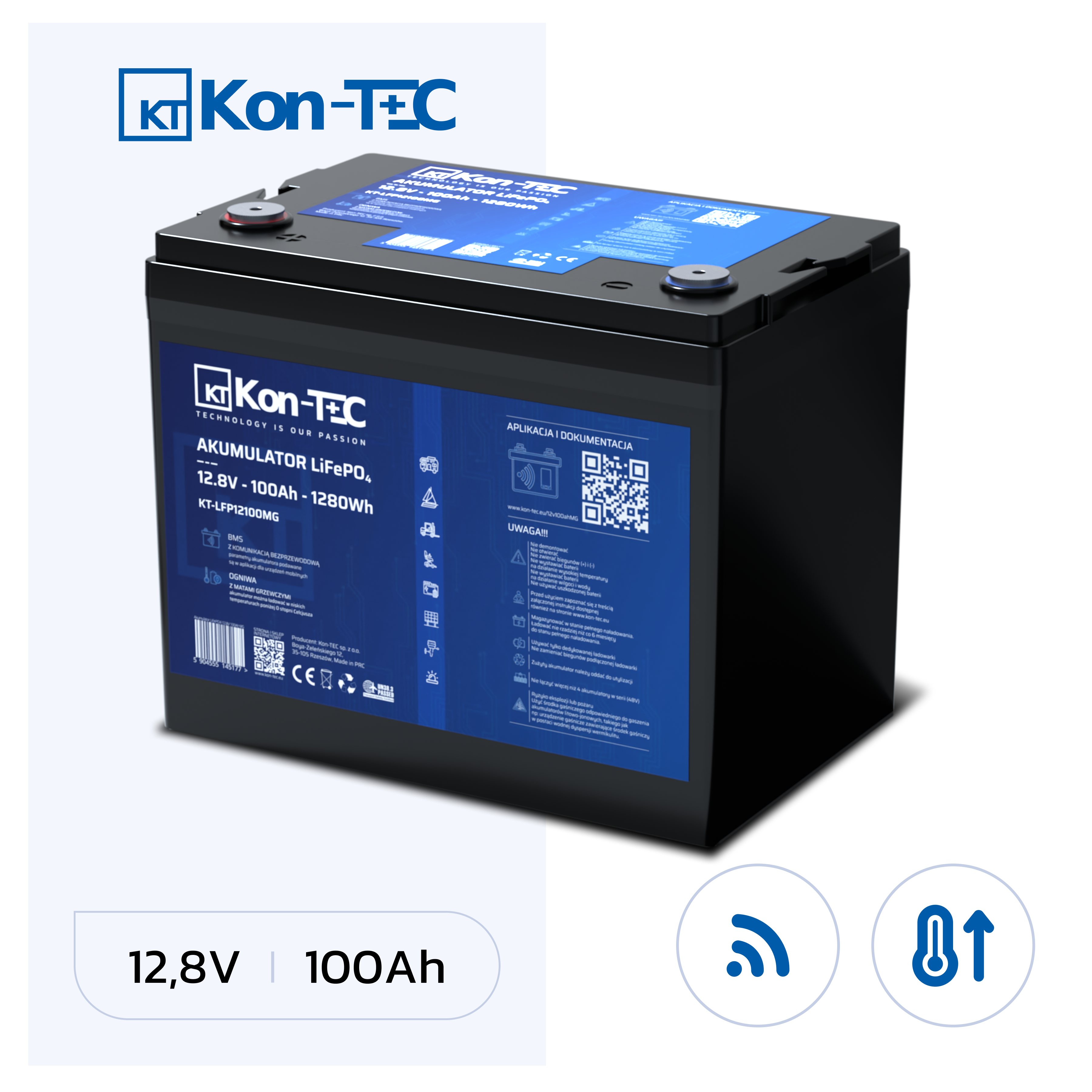 ❄️Baterie Kon-Tec Blue Line KT-LFP12100 Lithium-železo-fosfátová LiFePO4 baterie 12V, 12,8V 100Ah, 1280Wh - Wireless BMS System + funkce ohřevu baterie
