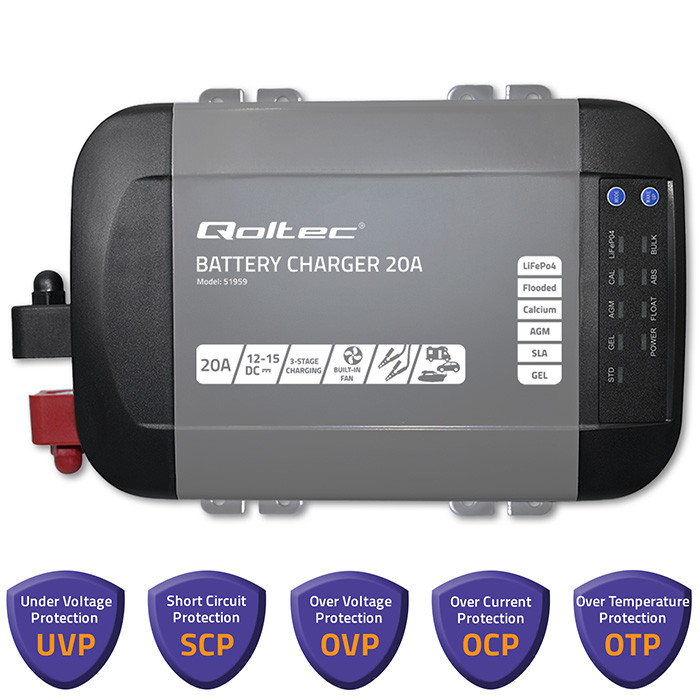 *Qoltec 51959 Intelligent Monolith nabíječka pro LiFePO4 AGM GEL SLA baterie | 20A | 12V