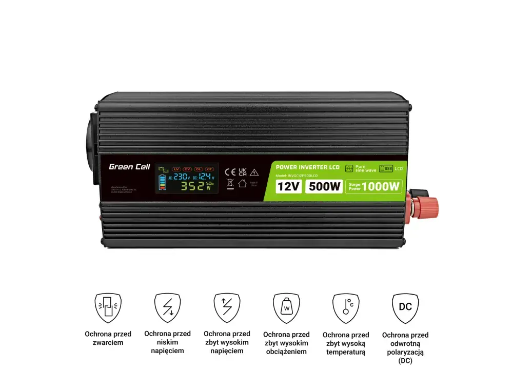 *Green Cell INVGC12P500LCD Měnič napětí z 12V na 230V, 500W/1000W - čistá sinusoida s LCD displejem
