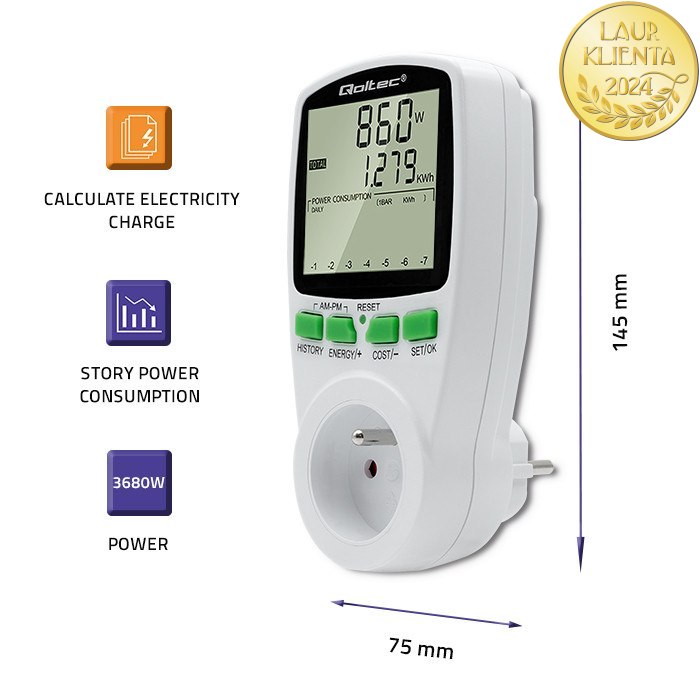 *Qoltec 50627 Měřič spotřeby energie Qoltec PM0627 s historií měření | 3680W | 16A | LCD