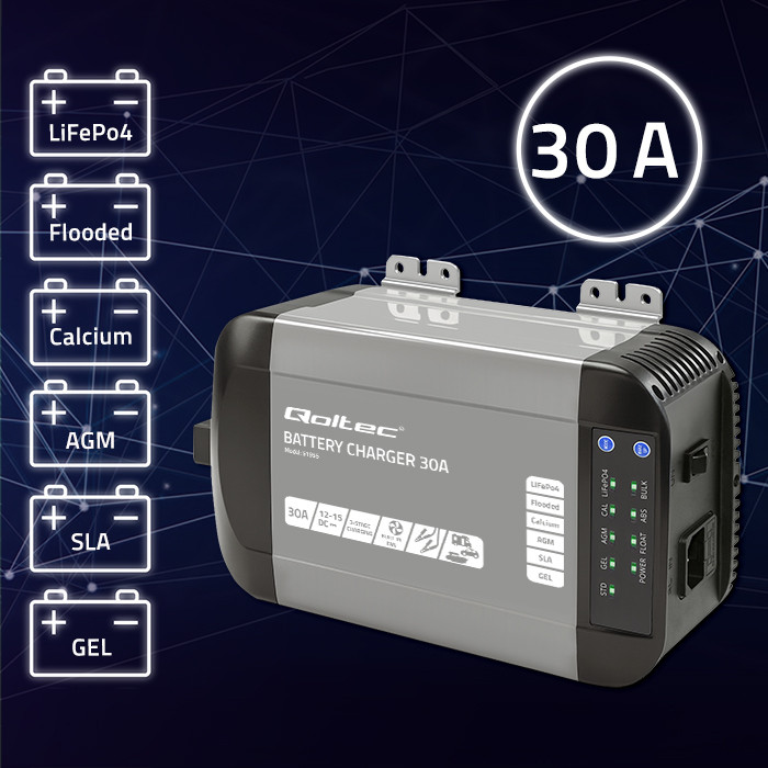 *Qoltec 51955 Intelligent Monolith nabíječka pro LiFePO4 AGM GEL SLA | 30A | 12V