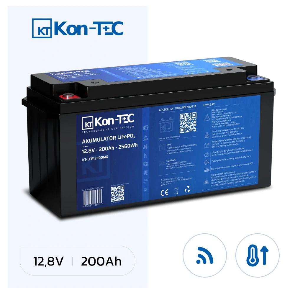 ❄️Baterie Kon-Tec Blue Line KT-LFP12200 Lithium-železo-fosfátová LiFePO4 baterie 12V, 12,8V 200Ah, 2560Wh - Wireless BMS System + funkce ohřevu baterie