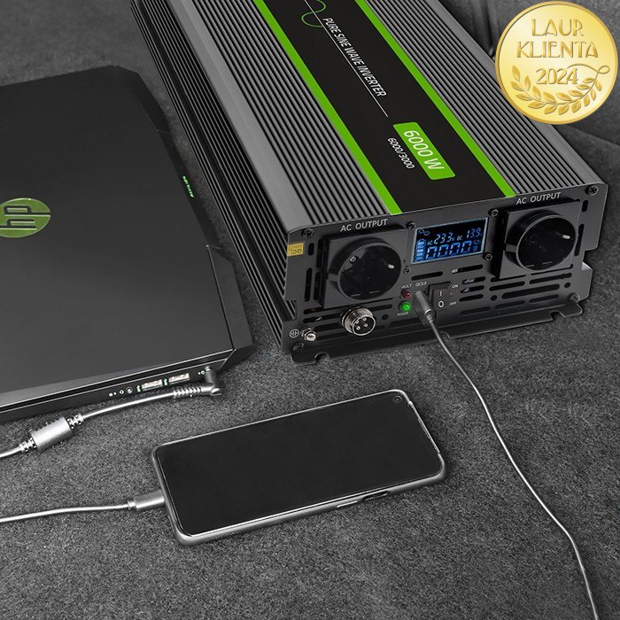 Qoltec 51923 Monolith měnič napětí 3000W/6000W | z 24V na 230V | Čistý sinus | LCD displej | Dalkové ovladání