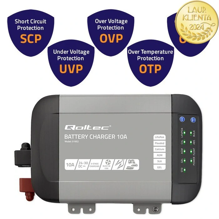 *Qoltec 51952 Intelligent Monolith nabíječka pro LiFePO4 AGM GEL SLA baterie | 10A | 24V