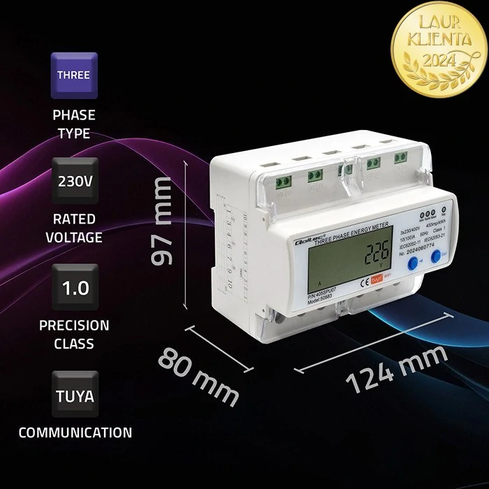 *Qoltec 50883 Třífázové elektronické počítadlo | měřič spotřeby energie na DIN lištu | Wifi | TUYA | 400V | LCD |