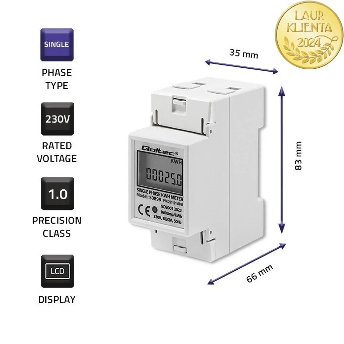 *Qoltec 50899 Jednofázové elektronické počítadlo | měřič spotřeby energie na DIN lištu | 230V | LCD | 2P