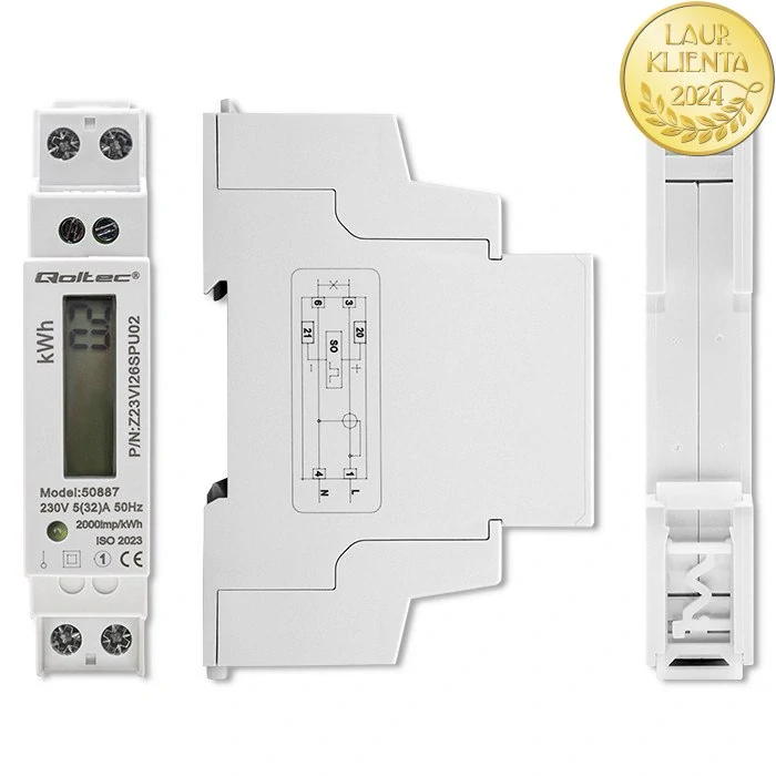 Qoltec 50887 Jednofázové elektronické počítadlo | měřič spotřeby energie na DIN lištu | 230V | LCD | 1P | Slim