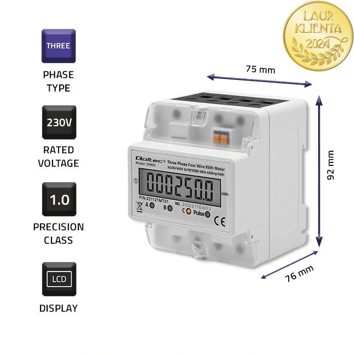 *Qoltec 50900 Třífázové elektronické počítadlo | měřič spotřeby energie na DIN lištu | 400V | LCD | 4P