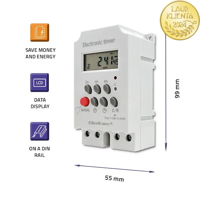 Qoltec 50629 Elektronický časovač PC0629 na lištu DIN | LCD