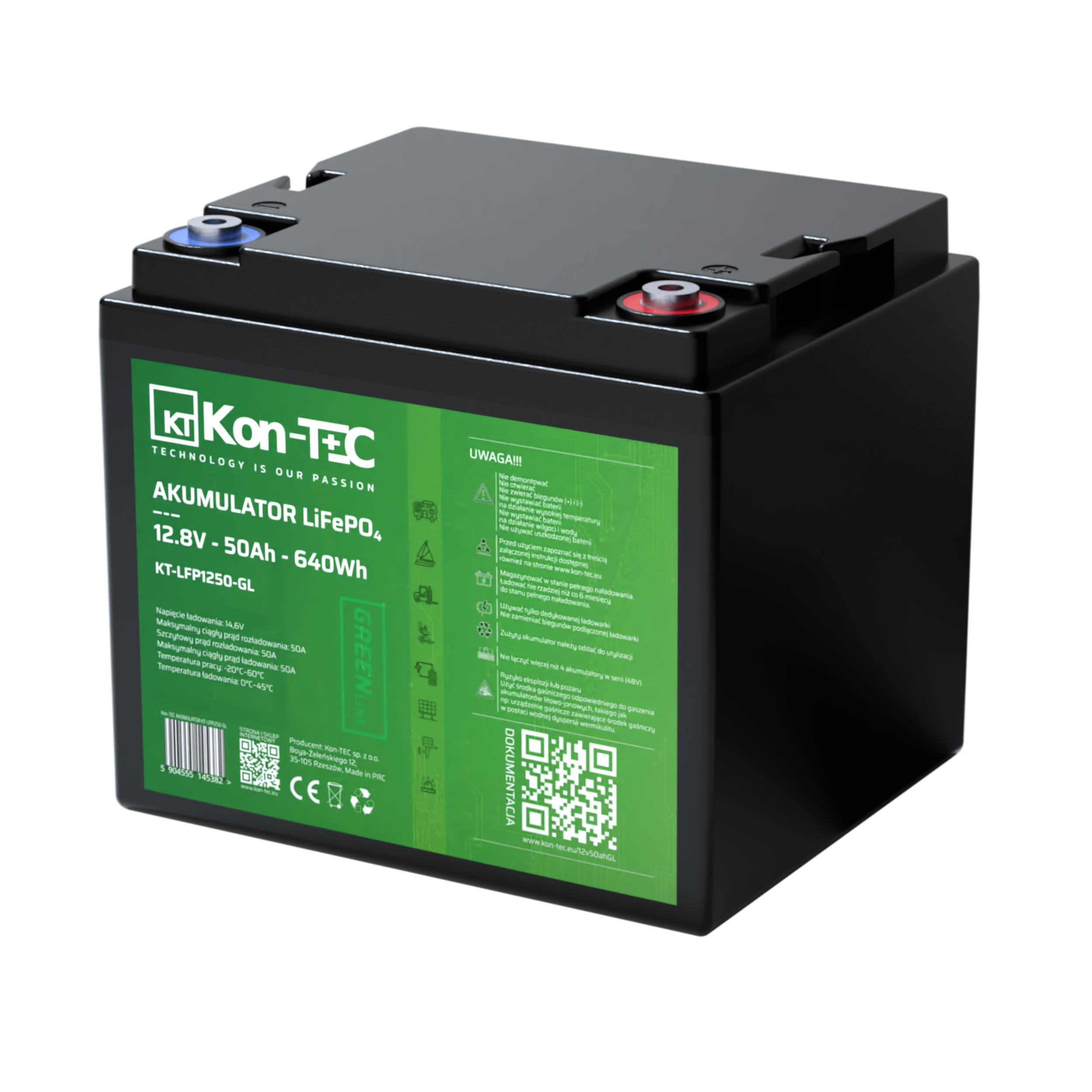 *Baterie Kon-Tec KT-LFP1250-GL Green Line Lithium-železo-fosfátová LiFePO4 baterie 12V, 12,8V 50Ah, 640Wh Wireless BMS System