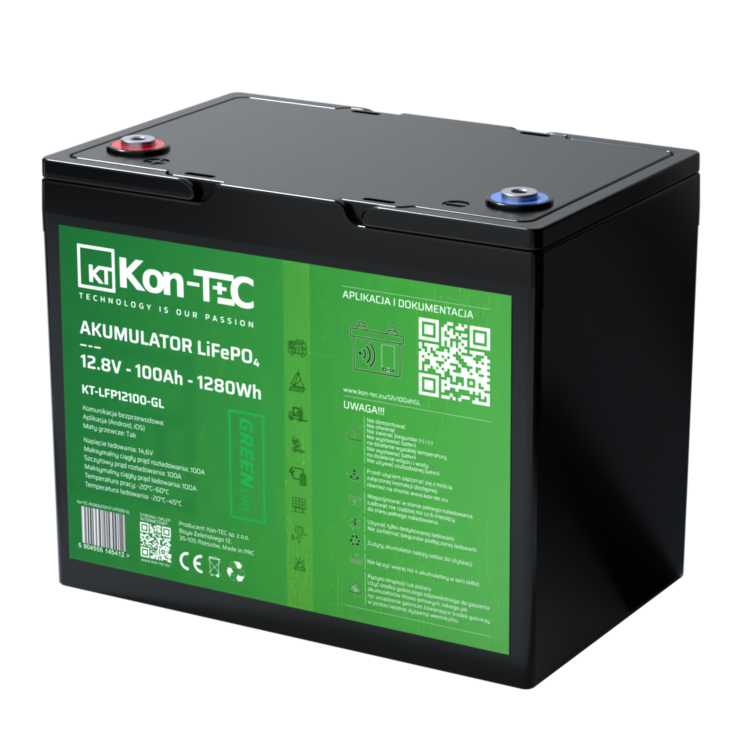 *❄️Baterie Kon-Tec KT-LFP12100-GL Green Line Lithium-železo-fosfátová LiFePO4 baterie 12V, 12,8V 100Ah, 1280Wh - Wireless BMS System + funkce ohřevu baterie | Aplikace v češtině