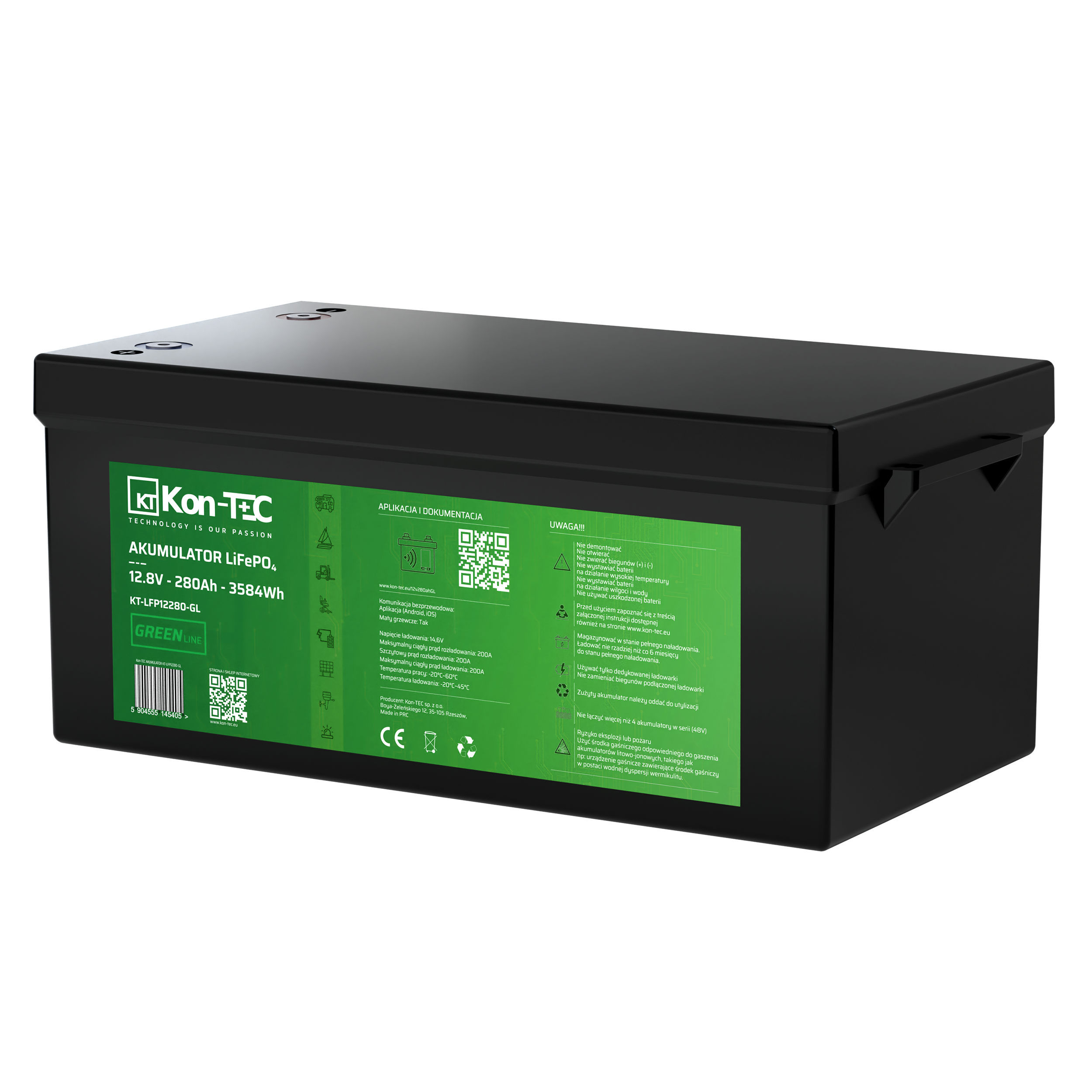 *❄️Baterie Kon-Tec KT-LFP12280-GL Green Line Lithium-železo-fosfátová LiFePO4 baterie 12V, 12,8V 280Ah, 3584Wh - Wireless BMS System + funkce ohřevu baterie | Aplikace v češtině