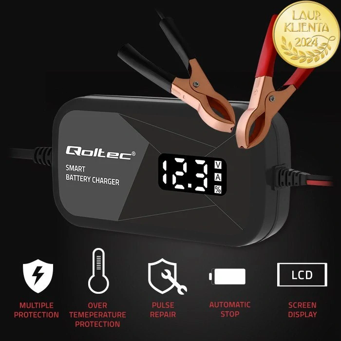 *Qoltec 52492 Inteligentní 12V Mikroprocesorová Nabíječka s LCD | 2A | Regenerace AGM GEL Baterií