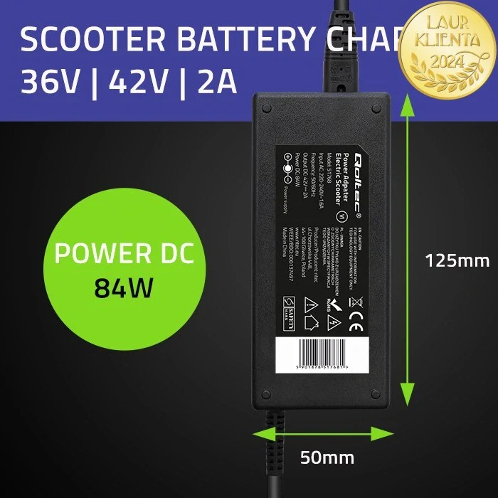 *Qoltec 51768 Nabíječka pro skútry, kola, elektrické skútry 84W | 36V | 42V | 2A | 8,0*8,0+pin | + napájecí kabel