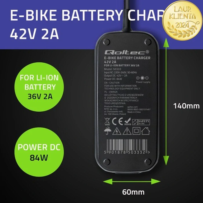*Qoltec 50333 Rychlá voděodolná nabíječka Qoltec 36V/42V 2A konektor 5,5 x 2,5 mm + napájecí kabel