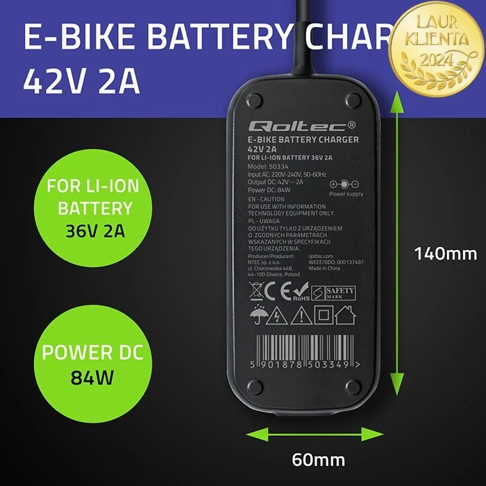 *Qoltec 50334 Rychlá voděodolná nabíječka Qoltec pro elektrickou koloběžku XIAOMI 36V/42V 2A konektor 8,0 x 8,0 mm + napájecí kabel