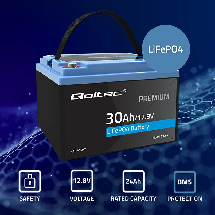 *Qoltec 53703 LiFePO4 lithiová železná fosfátová baterie | 12,8V | 30Ah | 384 Wh | BMS