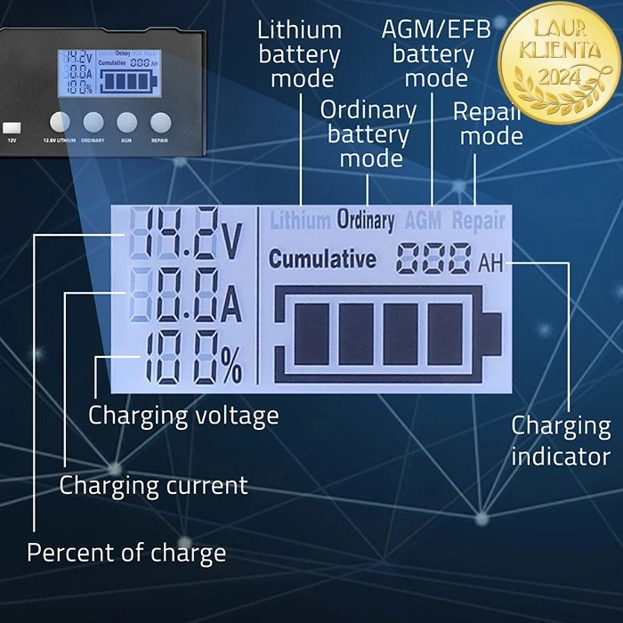 Qoltec 52491 Inteligentní mikroprocesorová nabíječka Qoltec 12V | 12,6 V | 24V | Usměrňovač s funkcí opravy pro AGM GEL | LCD