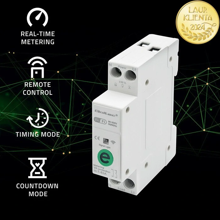 Qoltec 50991 Relé Qoltec 63A na DIN lištu s elektroměrem | eWeLink od Sonoffa | Wi-Fi | LED dioda