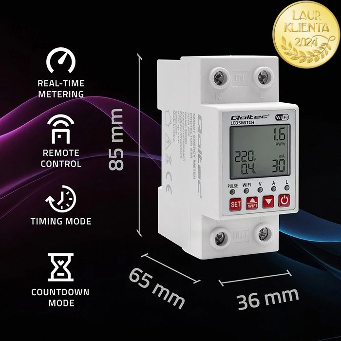 *Qoltec 50990 Relé Qoltec 63A na DIN lištu s elektroměrem | Časovač | Tuya  | Wi-Fi | LED
