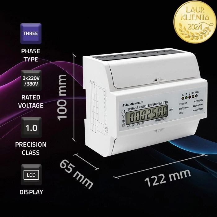 Qoltec 50989 Qoltec Třífázový obousměrný elektronický elektroměr | Měřič spotřeby energie na DIN lištu | 400V | 100A | LCD | 4P