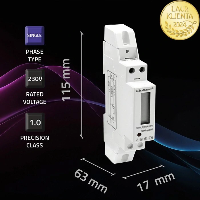 Qoltec 50993 Jednofázový elektronický elektroměr Qoltec | Měřič spotřeby energie na DIN lištu | 230V | 30A | LCD | 1P
