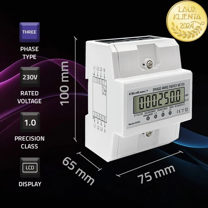 *Qoltec 50992 Třífázový elektronický elektroměr Qoltec | Měřič spotřeby energie na DIN lištu | 400V | 100A | LCD | 4P