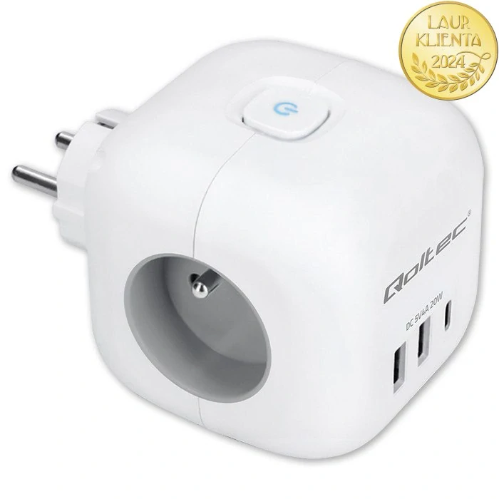 *Qoltec 52548 Napájecí kostka 6v1 | 3× AC zásuvky + 2× USB + 1× USB-C PD 20W | Bílá