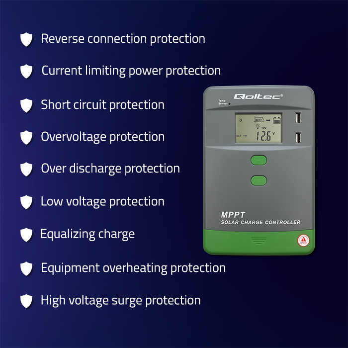 Qoltec 53660 MPPT solární regulátor 10A | Ovládání přes Bluetooth aplikaci v mobilu | 12V / 24V | LCD | AGM / GEL / LiFePO₄