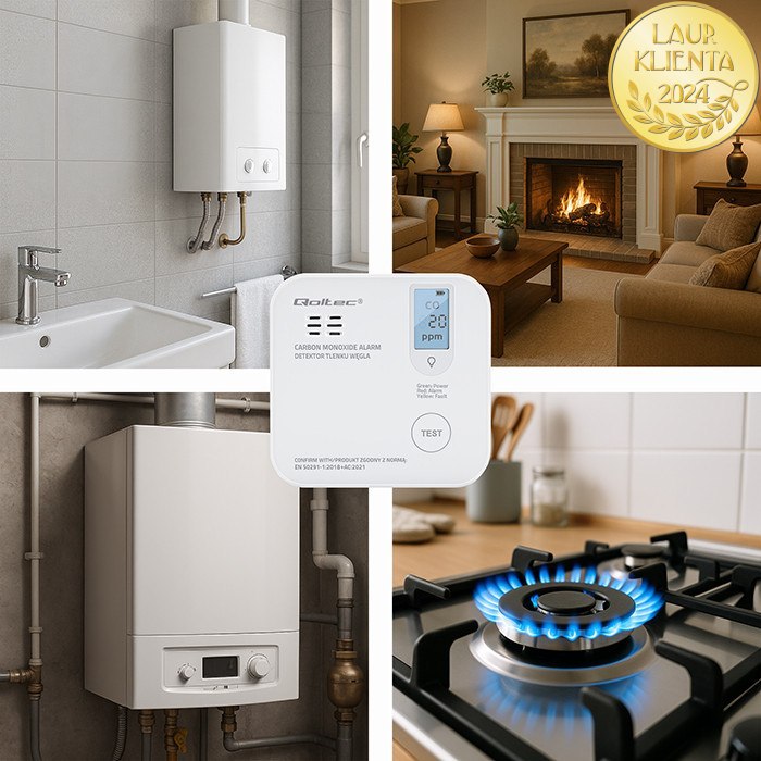 Qoltec 52577 Bezdrátový detektor oxidu uhelnatého (CO) s certifikací – bateriový, alarm 85 dB, životnost senzoru 10 let