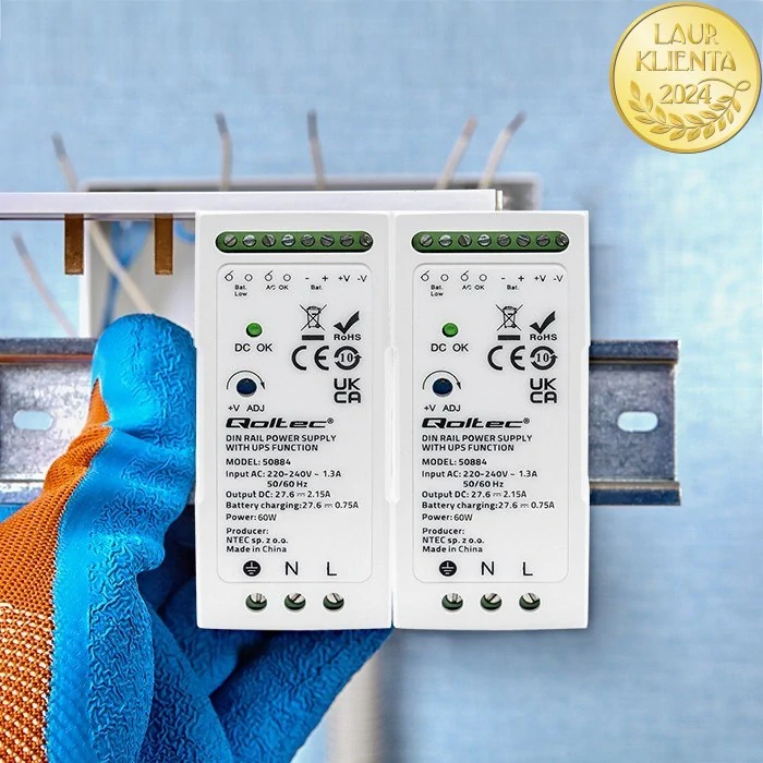 Qoltec 50884 | DIN napájecí zdroj s funkcí UPS 27,6 V DC / 60 W