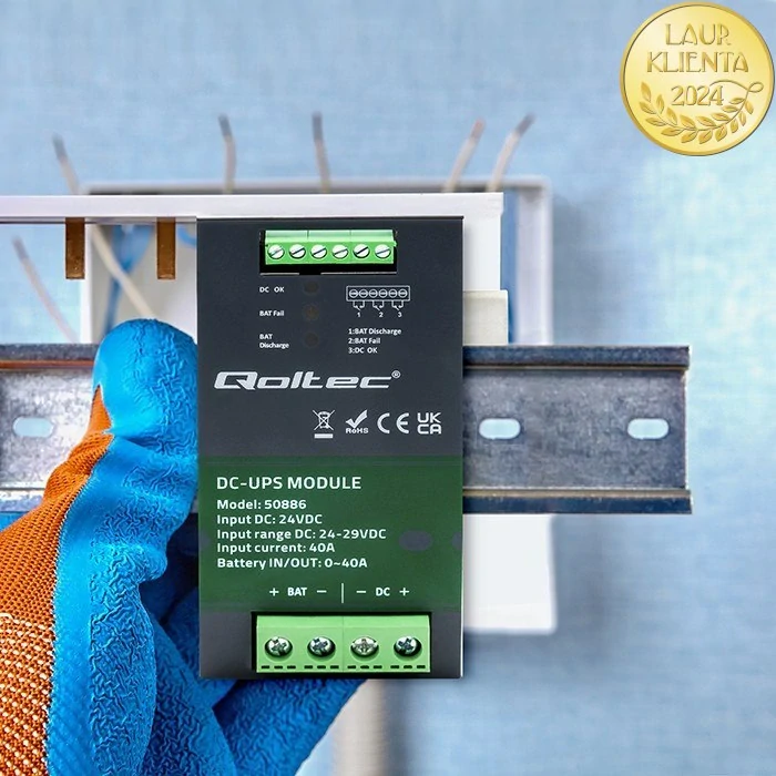Qoltec 50886 | DC-UPS modul na DIN lištu 24 V / 40 A – automatické zálohování z baterie
