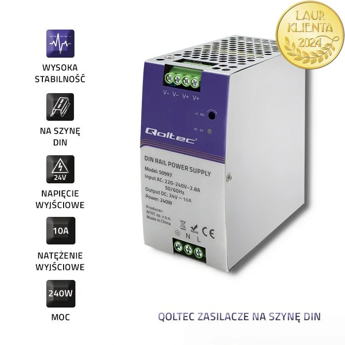 Qoltec 50997 – Průmyslový napájecí zdroj na DIN lištu 240 W / 24 V / 10 A