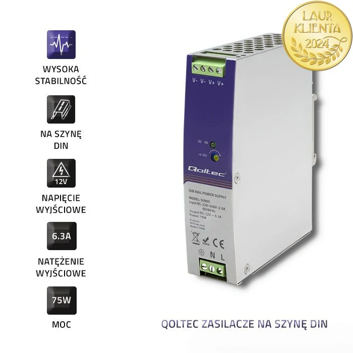 Qoltec 50905 – Průmyslový napájecí zdroj na DIN lištu 75 W / 12 V / 6,3 A