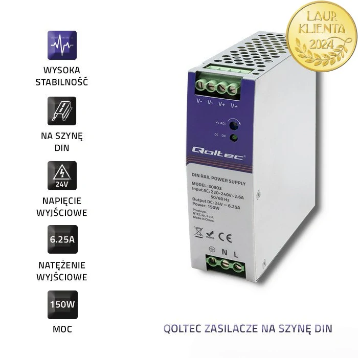 Qoltec 50903 – Průmyslový napájecí zdroj na DIN lištu 150 W / 24 V / 6,25 A